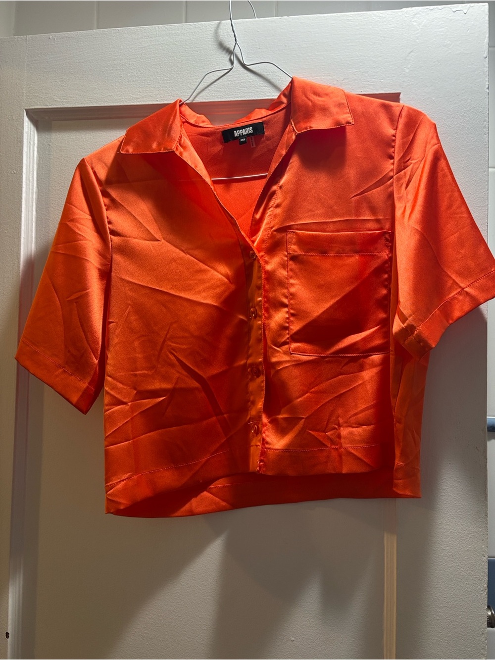 Apparis Orange Satin Short Sleeve Button-Down Shirt